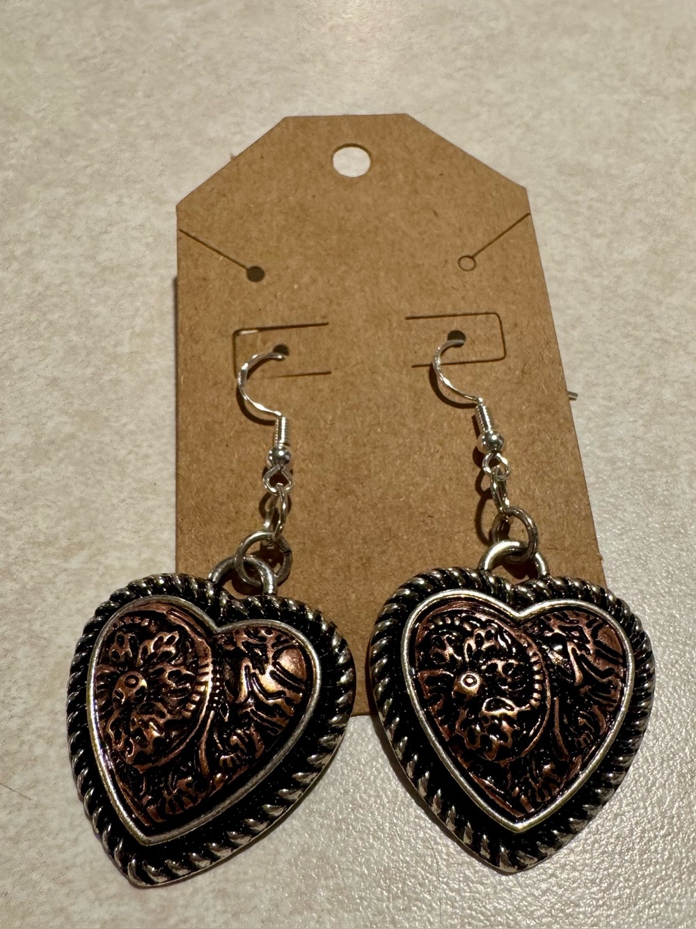 Heart-Shaped Filigree Drop Earrings in Copper and Silver